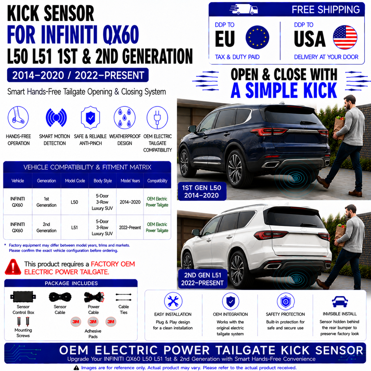 For INFINITI QX60 L50 L51 1st 2nd Gen 2014–2020 / 2022–Present OEM Electric Power Tailgate Smart Hands-Free Kick Sensor – Foot-Activated Tailgate Opening & Closing System