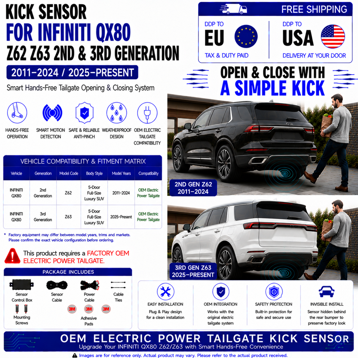 For INFINITI QX80 Z62 Z63 2nd 3rd Gen 2011–2024 / 2025–Present OEM Electric Power Tailgate Smart Hands-Free Kick Sensor – Foot-Activated Tailgate Opening & Closing System