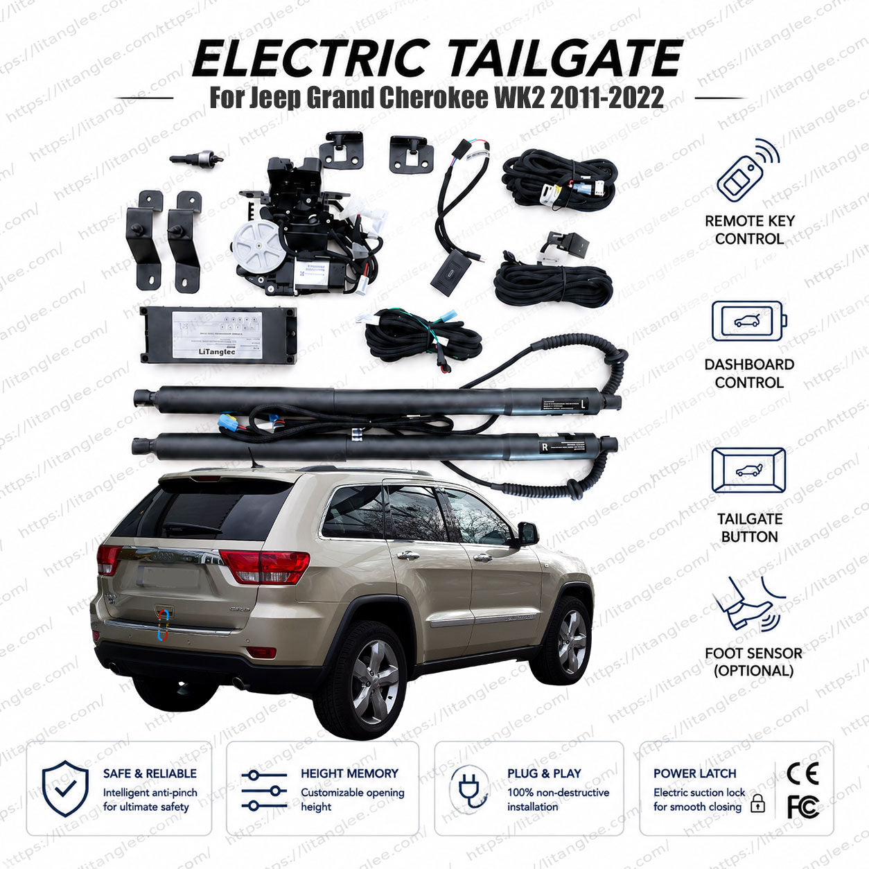 For Jeep Grand Cherokee WK2 2011-2022 Smart Power Tailgate Lift Kit by LiTanglee® | Electric Trunk Opener with Soft Close | Fits Laredo, Limited, Overland, SRT, Trailhawk | Dual Heavy-Duty Struts