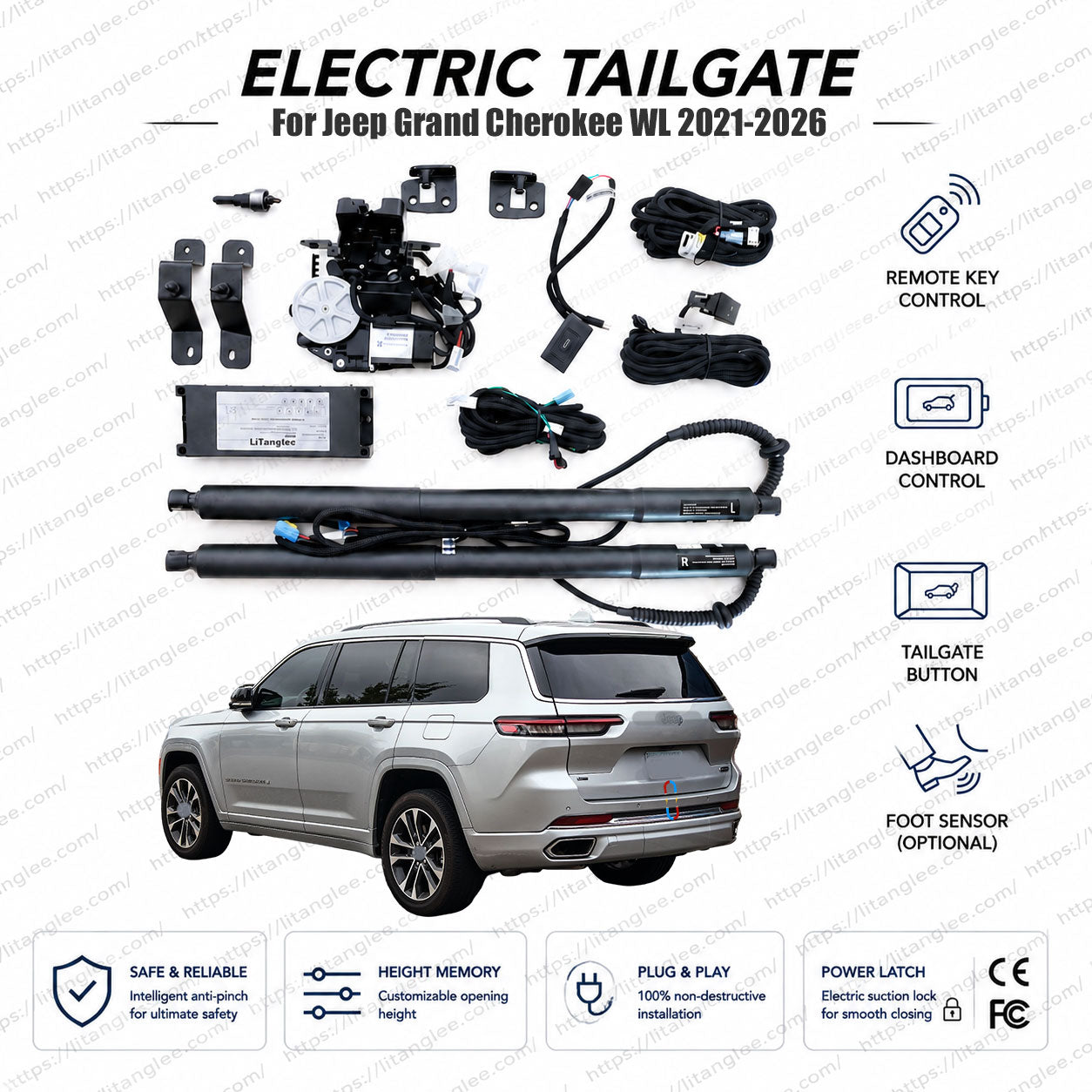 Für Jeep Grand Cherokee WL 2021-2026 Intelligentes elektrisches Heckklappen-Kit von LiTanglee® | Elektrischer Kofferraumöffner mit Soft Close | Volle digitale Bus-Integration | Passend für 2-Reihen & 3-Reihen (L) | Zwei Hochleistungsstreben