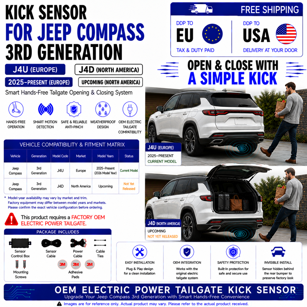 For Jeep Compass J4U J4D 3rd Gen OEM Electric Power Tailgate Smart Hands-Free Kick Sensor – Foot-Activated Tailgate Opening & Closing System