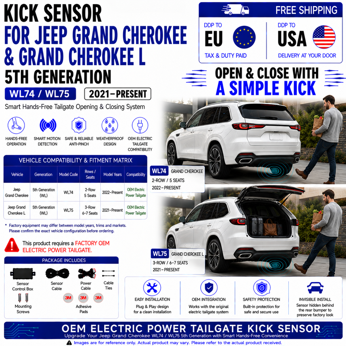 For Jeep Grand Cherokee WL74 WL75 5th Gen & Grand Cherokee L OEM Electric Power Tailgate Smart Hands-Free Kick Sensor – Foot-Activated Tailgate Opening & Closing System