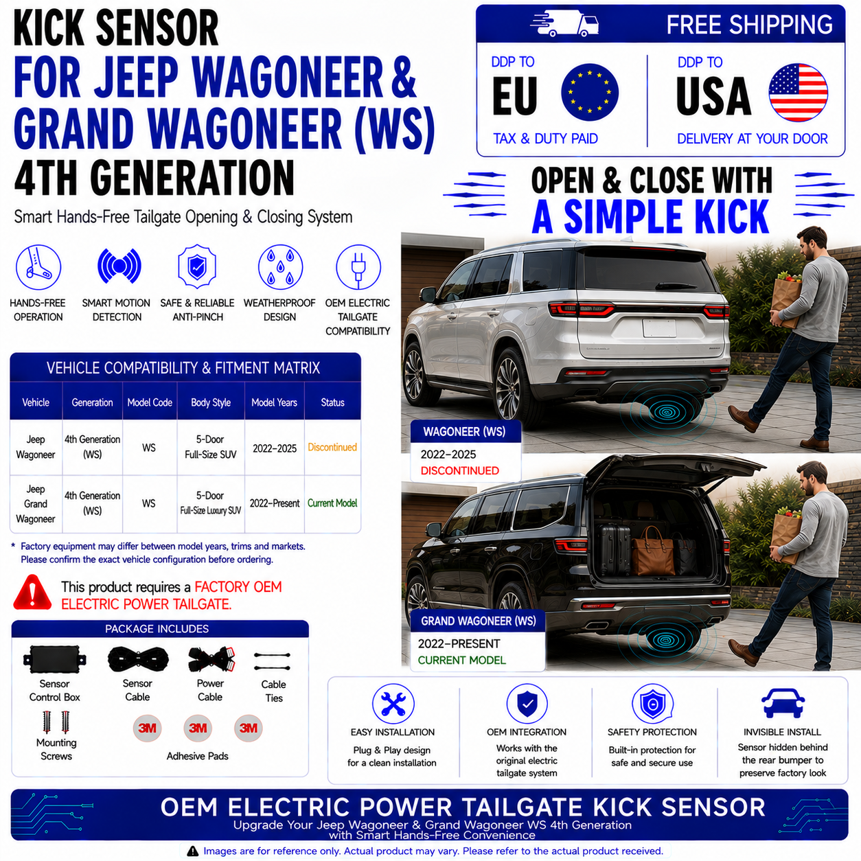 For Jeep Wagoneer Grand Wagoneer WS 4th Gen OEM Electric Power Tailgate Smart Hands-Free Kick Sensor – Foot-Activated Tailgate Opening & Closing System