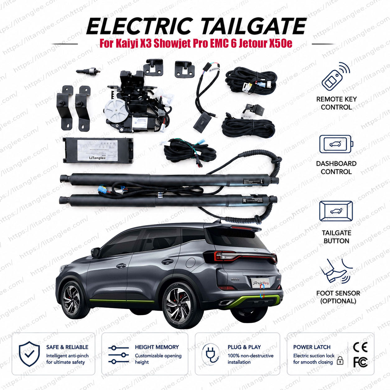 For Kaiyi X3 / Kaiyi Showjet Pro Power Tailgate Lift Kit by LiTanglee® | Fits EMC Wave 3, EMC 6, Lamari Neo, GTV Soben, Jetour X50e, Jetour eVT5, EVO Cuatro | Smart Electric Trunk Opener | Dual Struts | CE Certified