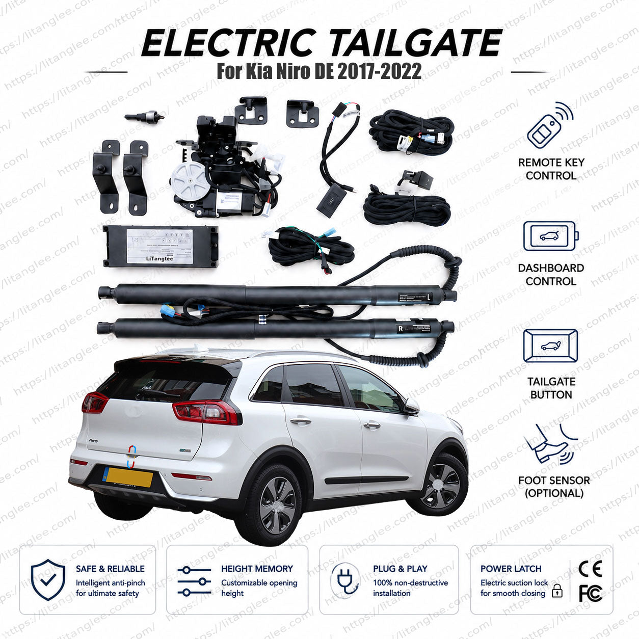 Para Kia Niro DE 2017-2022 Kit de elevación de portón trasero eléctrico inteligente de LiTanglee® | Abremaletero eléctrico inteligente | Compatible con e-Niro, Niro EV, Híbrido, PHEV, LX, EX | Doble amortiguador | Certificado CE