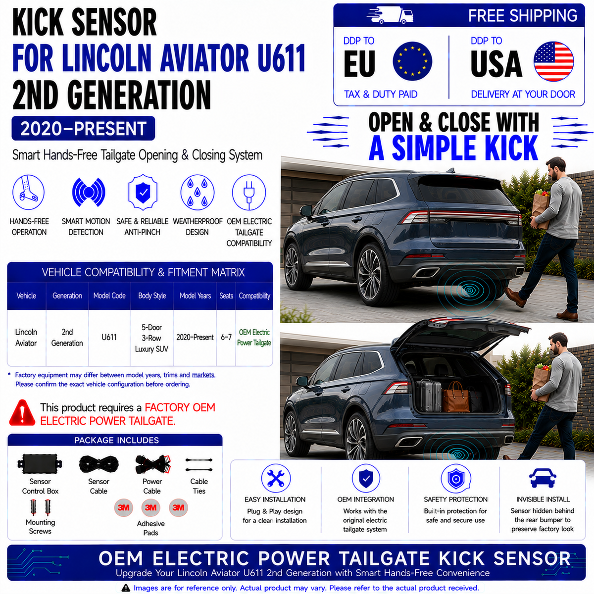 For Lincoln Aviator U611 2nd Gen 2020–Present OEM Electric Power Tailgate Smart Hands-Free Kick Sensor – Foot-Activated Tailgate Opening & Closing System