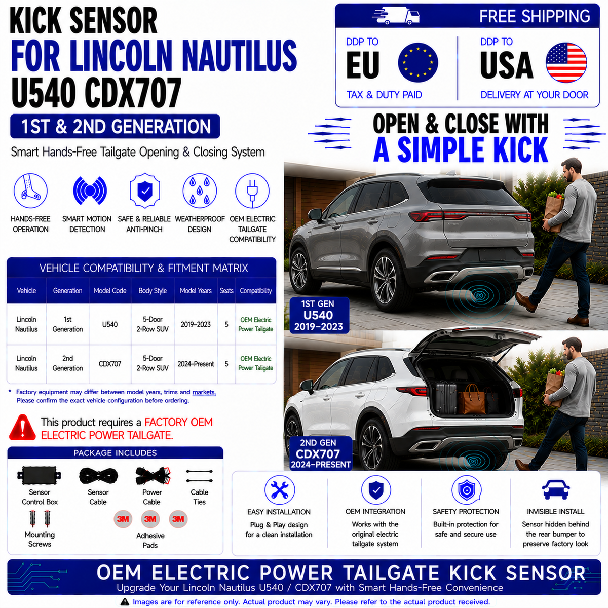 For Lincoln Nautilus U540 CDX707 1st 2nd Gen OEM Electric Power Tailgate Smart Hands-Free Kick Sensor – Foot-Activated Tailgate Opening & Closing System