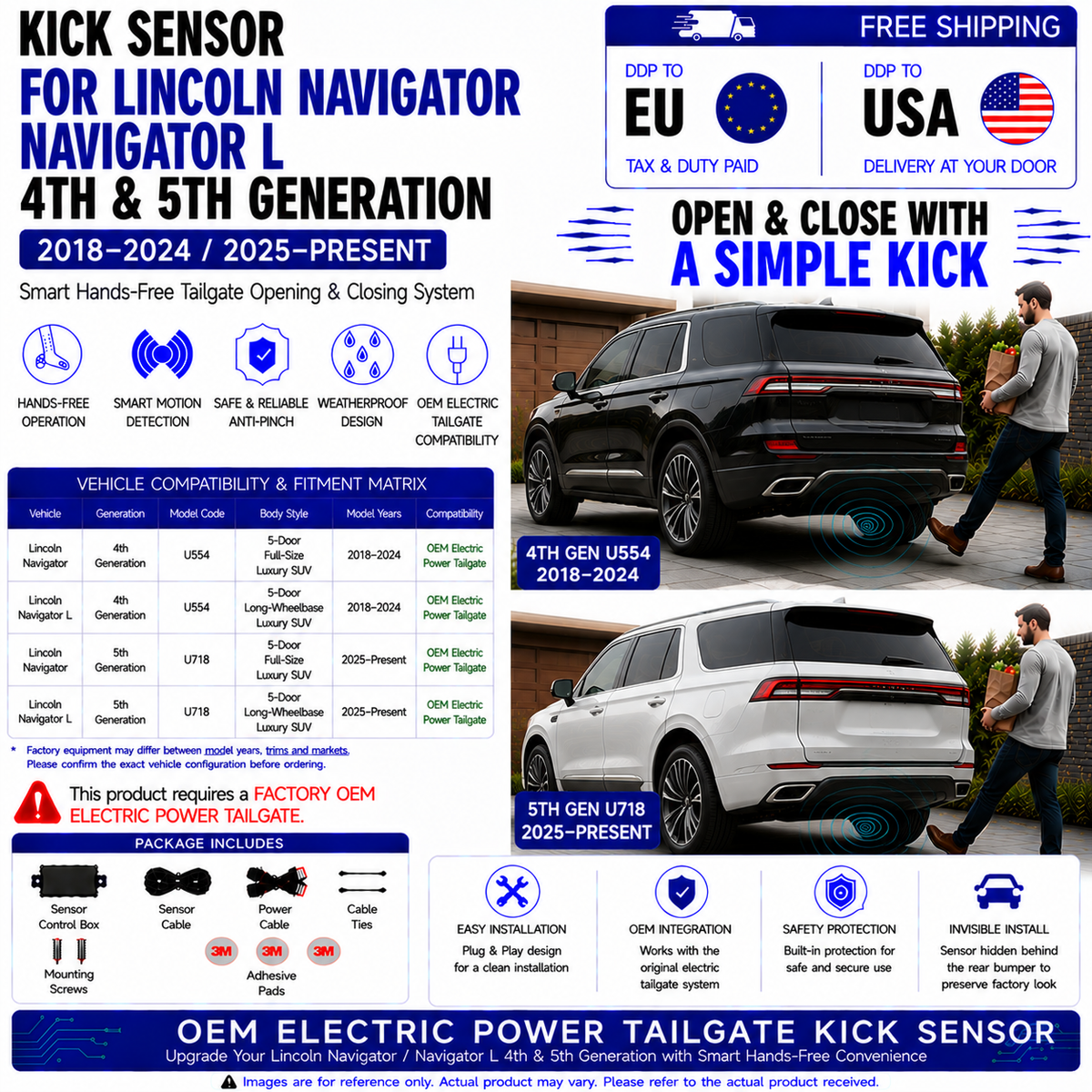 For Lincoln Navigator Navigator L U554 U718 4th 5th Gen OEM Electric Power Tailgate Smart Hands-Free Kick Sensor – Foot-Activated Tailgate Opening & Closing System