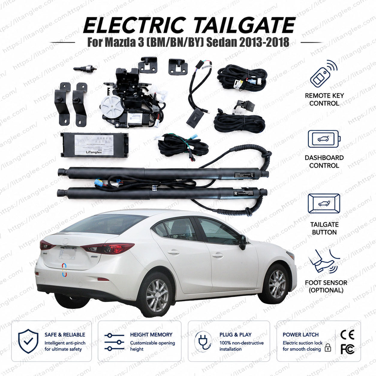 For Mazda 3 Sedan (BM / BN / BY) 2013-2018 Smart Power Trunk Lift Kit by LiTanglee® | Electric Trunk Opener with Soft Close | Sedan-Specific Actuators | Non-Destructive Installation | Precision-Fit Design