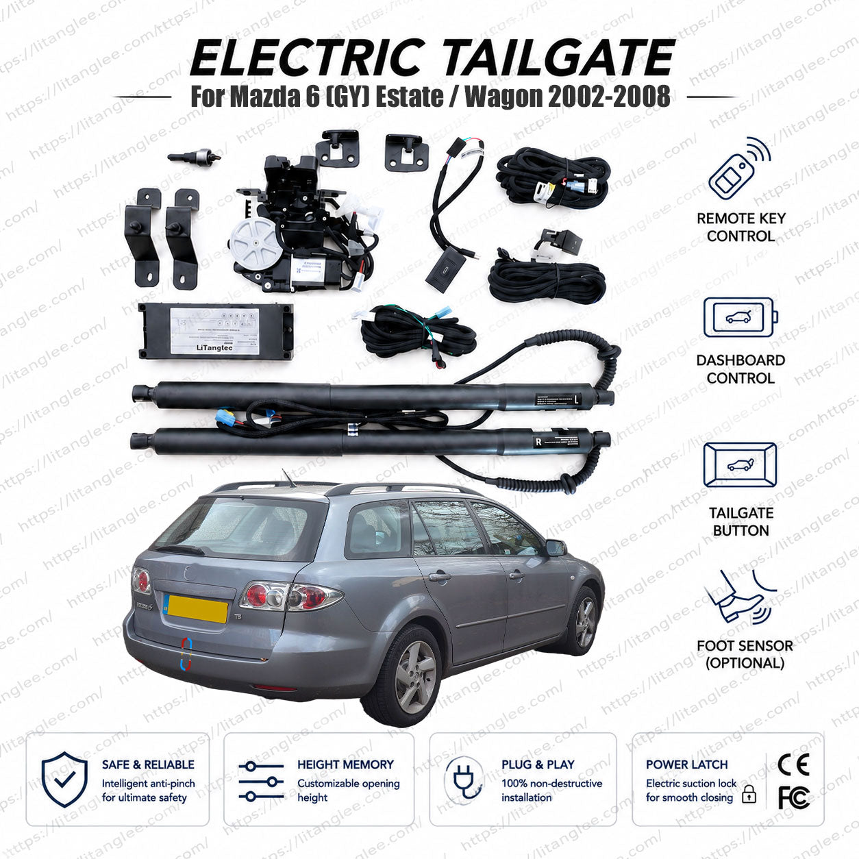 For Mazda 6 Estate / Station Wagon (GY) 2002-2008 Smart Power Tailgate Lift Kit by LiTanglee® | Electric Trunk Opener with Soft Close | Classic Wagon-Specific Actuators | Non-Destructive Installation | Upgrade Your Performance Wagon
