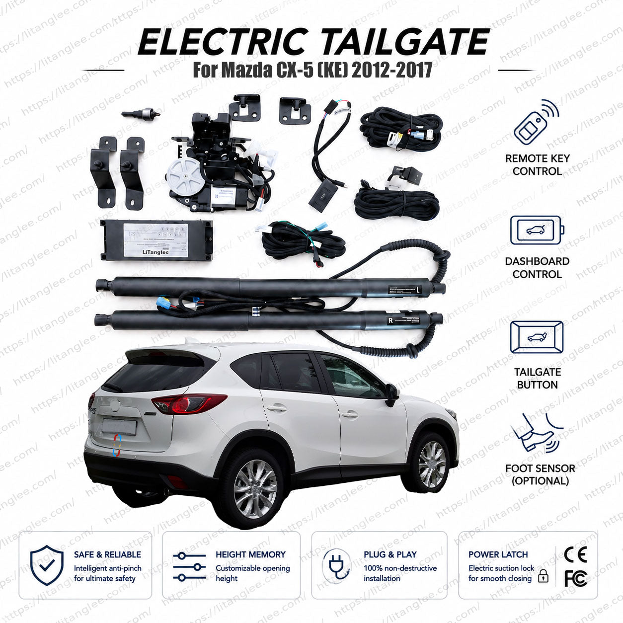 For Mazda CX-5 (KE) 2012-2017 Smart Power Tailgate Lift Kit by LiTanglee® | Electric Trunk Opener with Soft Close | SUV Dedicated Heavy-Duty Actuators | Non-Destructive Installation | Precision-Fit Design