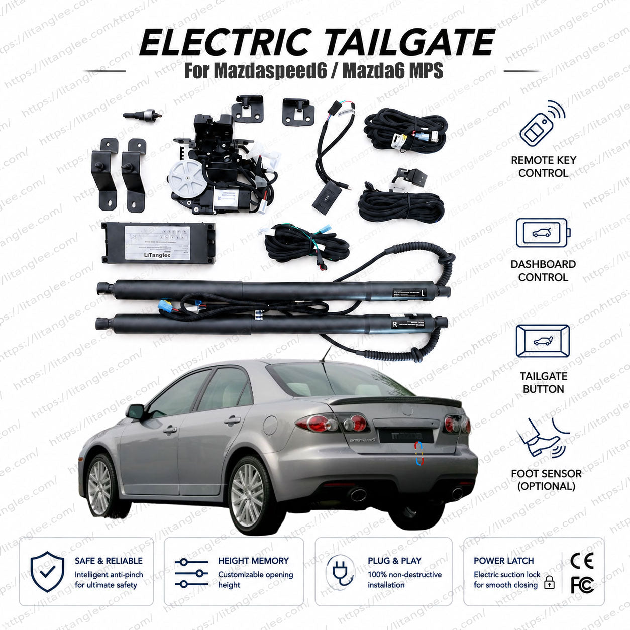 For Mazdaspeed6 (Mazda6 MPS) 2006-2008 Smart Power Trunk Lift Kit by LiTanglee® | Electric Trunk Opener with Soft Close | Performance-Sedan Custom Actuators | Non-Destructive Installation | Precision-Fit Design