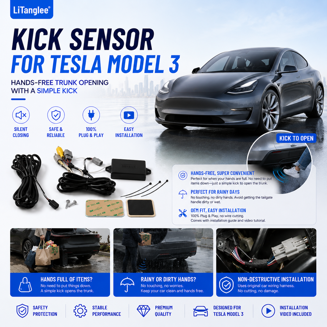 For Tesla Model 3 2017-Now Premium Hands-Free Electric Tailgate Kick Sensor (Smart Sync)