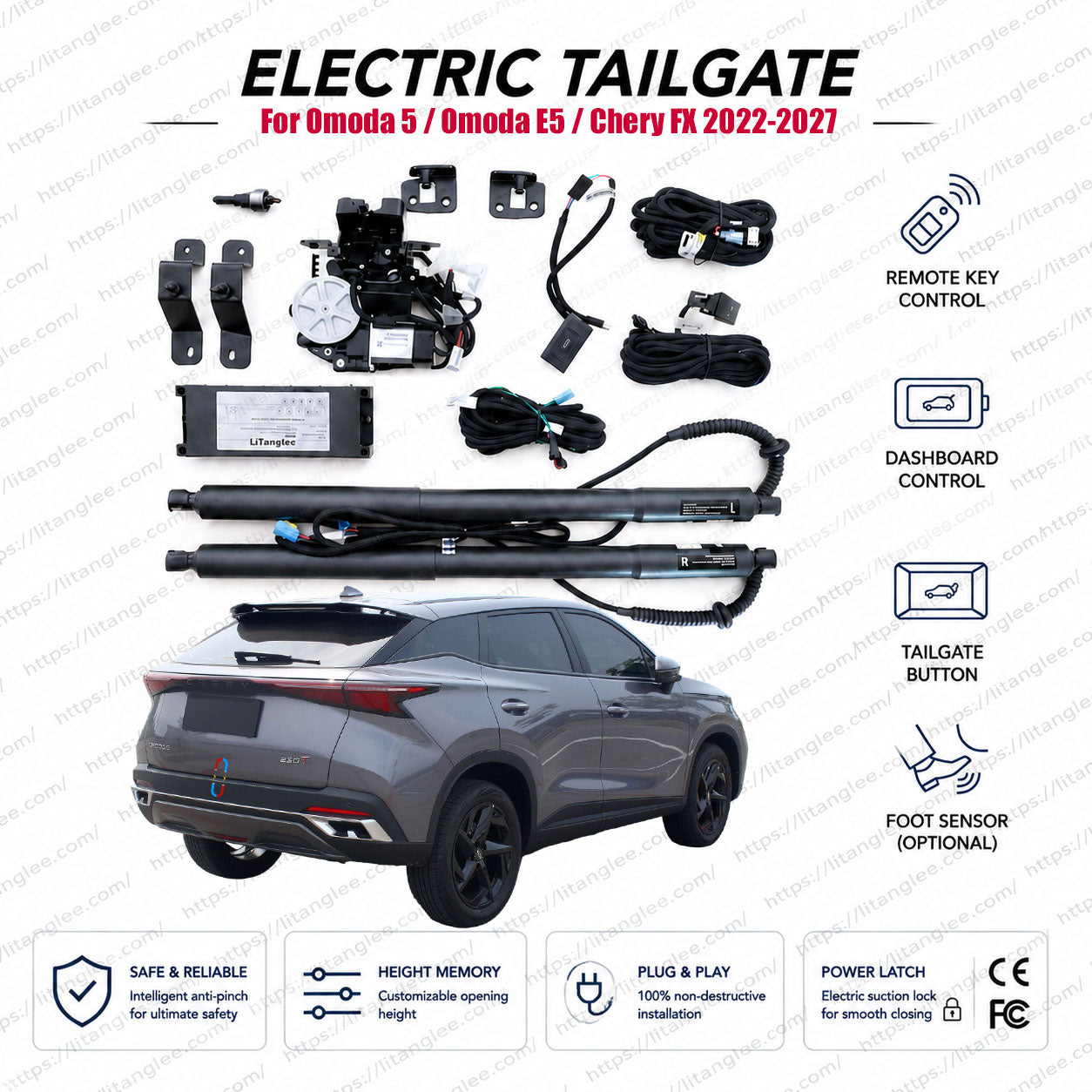 For Omoda 5 / Omoda E5 / Chery FX 2022-2027 Power Tailgate Lift Kit by LiTanglee® | Fits Chery C5, Chirey Omoda 5, Fownix FX, Tiggo 5x High Energy, Tiggo 5 Sport | Smart Electric Trunk Opener | Dual Struts | CE Certified