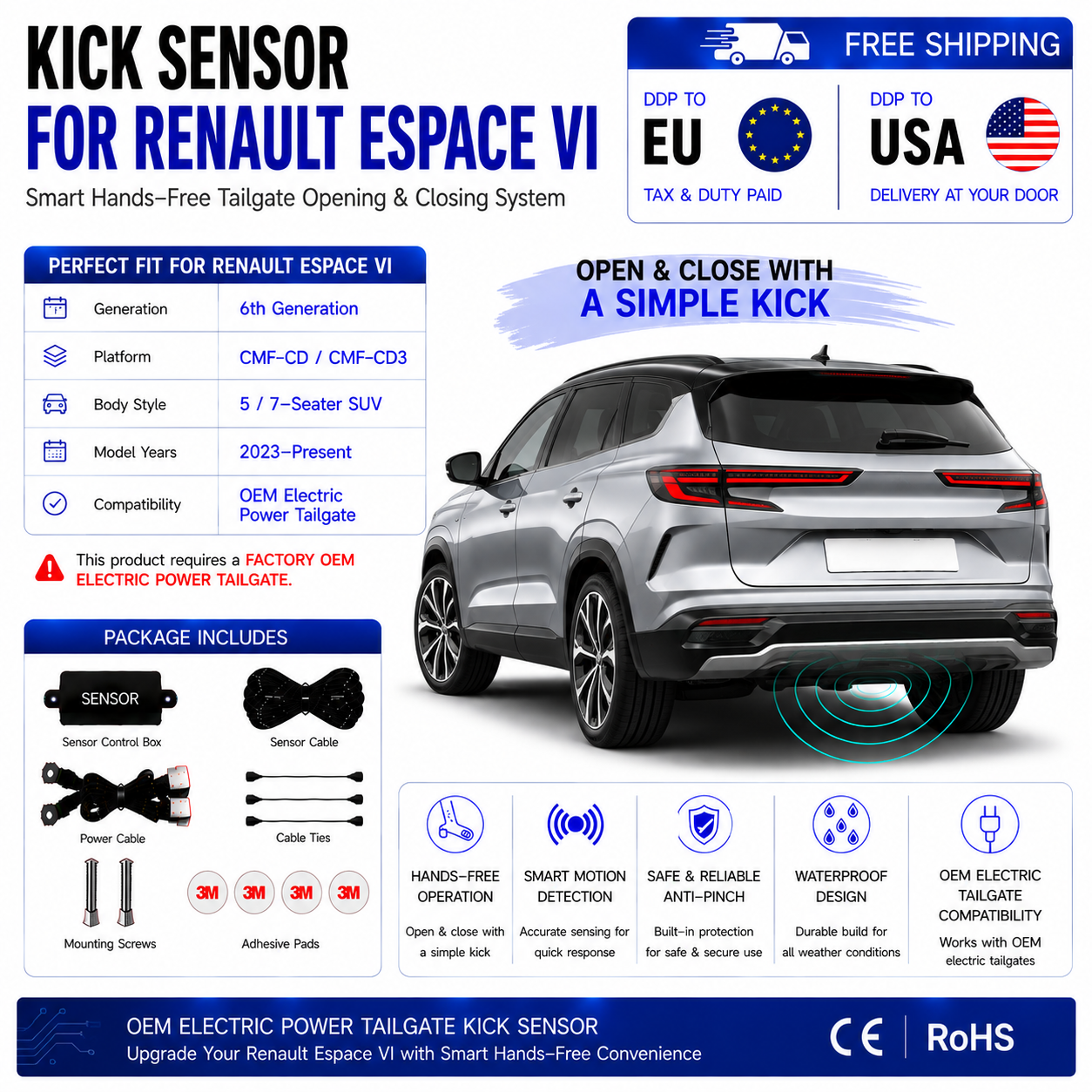 For Renault Espace VI OEM Electric Power Tailgate Smart Hands-Free Kick Sensor – Foot-Activated Tailgate Opening & Closing System