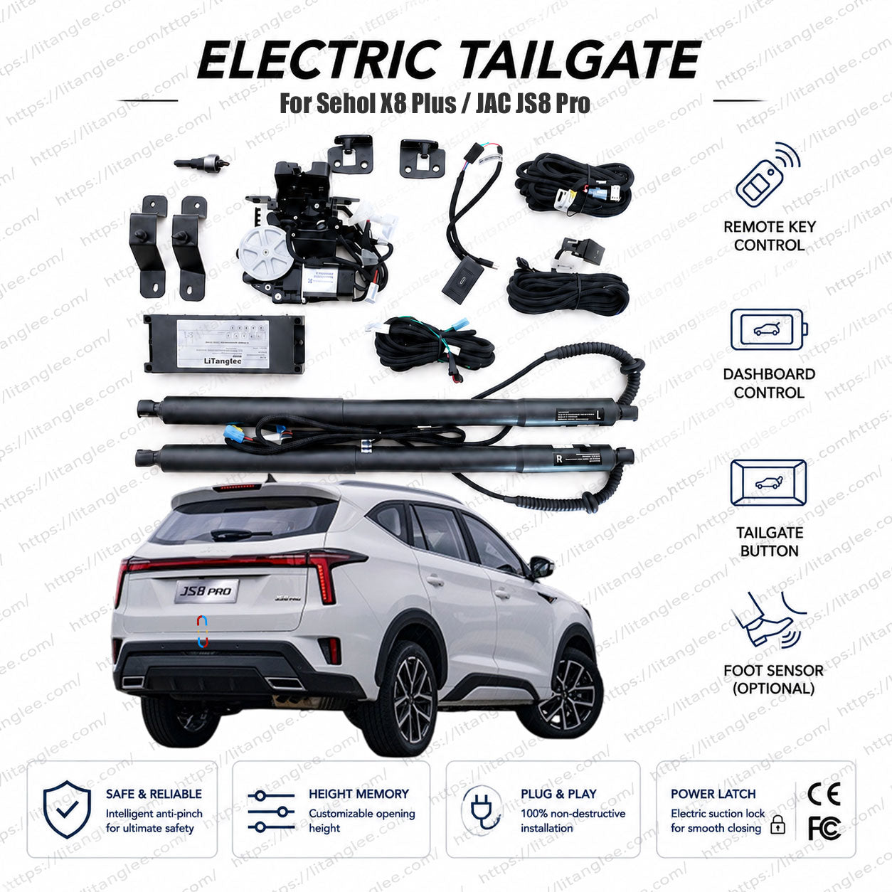 For Sehol X8 Plus / JAC JS8 Pro 2022-2026 Smart Power Tailgate Lift Kit by LiTanglee® | Electric Trunk Opener with Soft Close | Heavy-Duty Actuators for Large SUV | CAN-Bus Integrated | Non-Destructive Installation