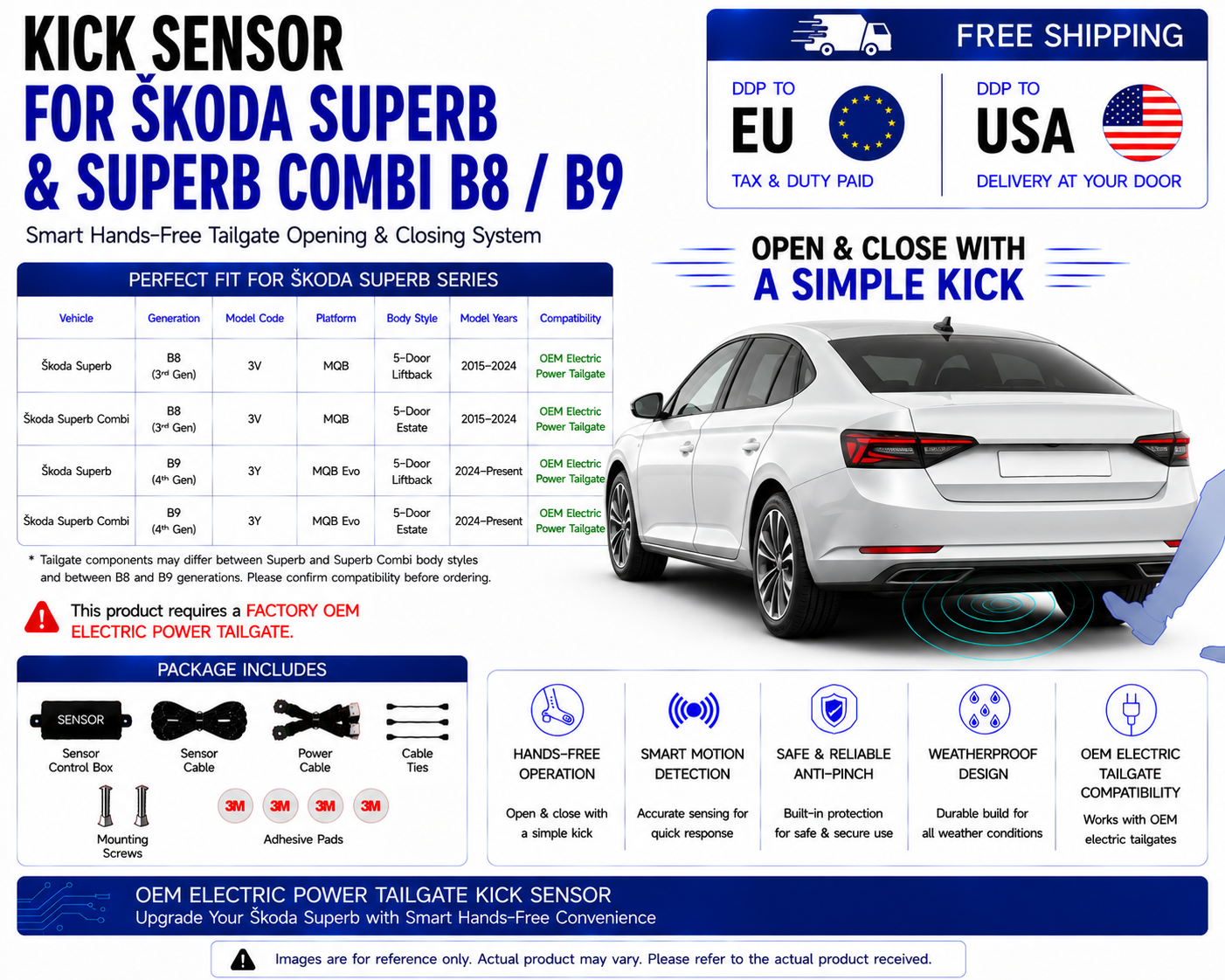 For Škoda Superb & Superb Combi B8 B9 OEM Electric Power Tailgate Smart Hands-Free Kick Sensor – Foot-Activated Tailgate Opening & Closing System