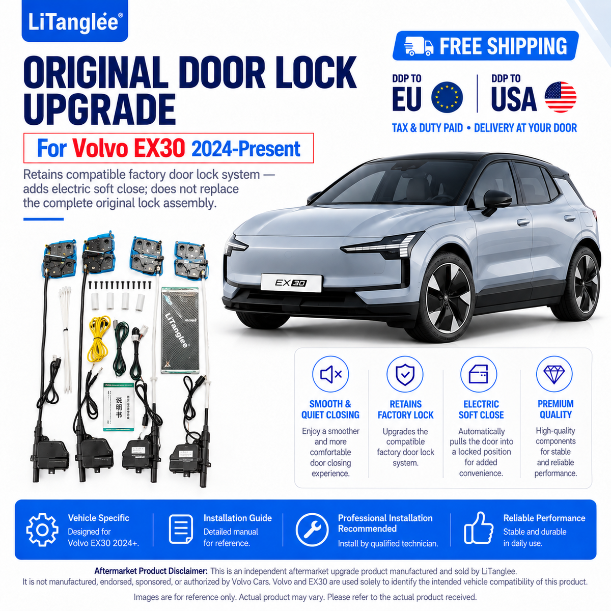 For Volvo EX30 2024-Present Premium Electric Soft Close Original Door Lock Upgrade Kit 4 Door Auto Suction System
